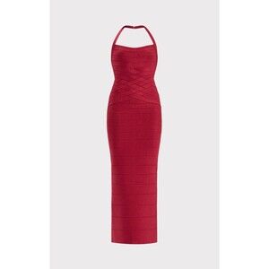Herve Leger Metallic Maxine Gown Halter BNWT Red Size Large Bandage Prom Wedding